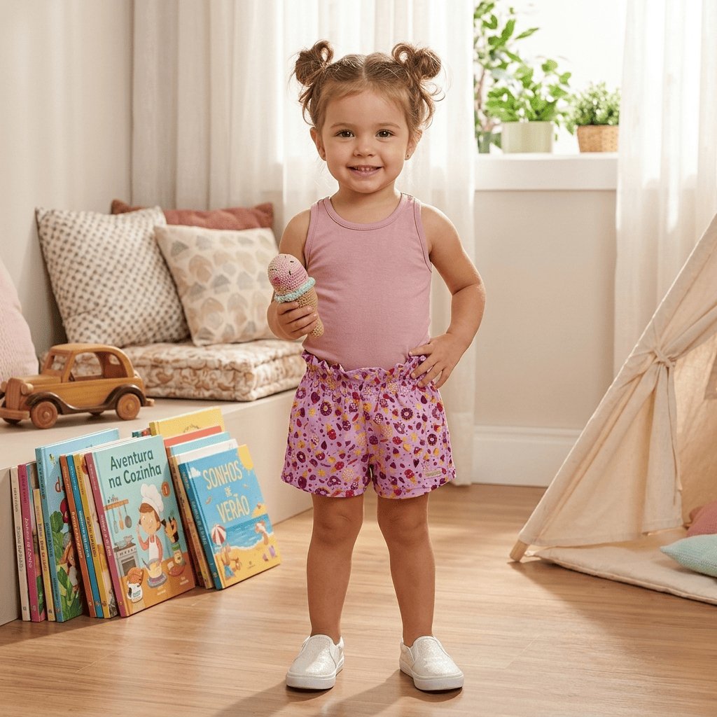 Conjunto Infantil Menina Regata e Short Estampado Verão Casual