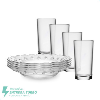 Aparelho de Jantar 8 Peças - 4 Pratos Fundos + 4 Copos 225ml
