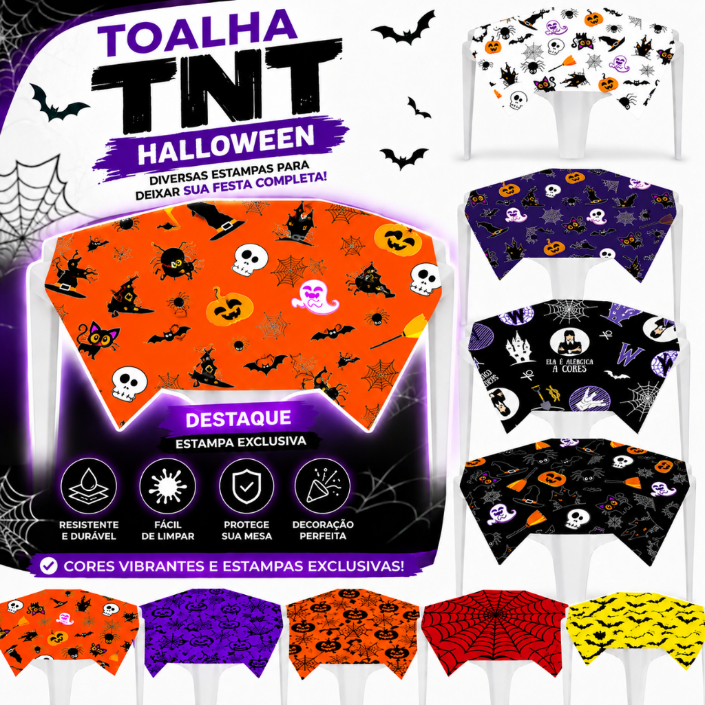 Toalha TNT Halloween Estampada Cobre Mancha para Mesa Festa Decoração Assustadora