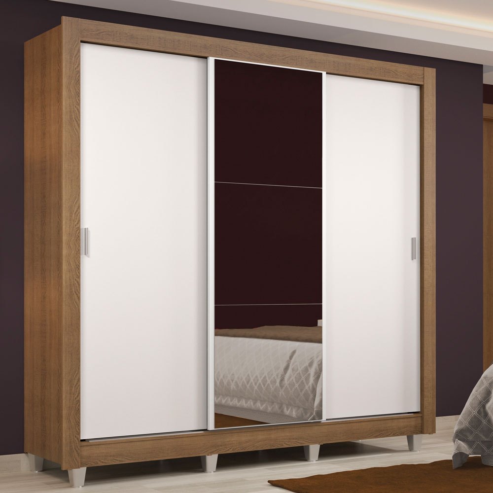 Guarda Roupa Casal Madesa Lyon 3 Portas de Correr com Espelho 2 Gavetas com Pés - Rustic/Branco