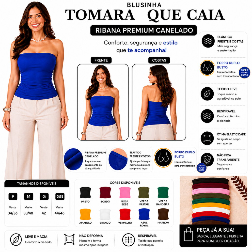 Blusinha Top Tube Ribana Feminino Forro Duplo Busto Tubinho Básico Canelado Blogueira Premium