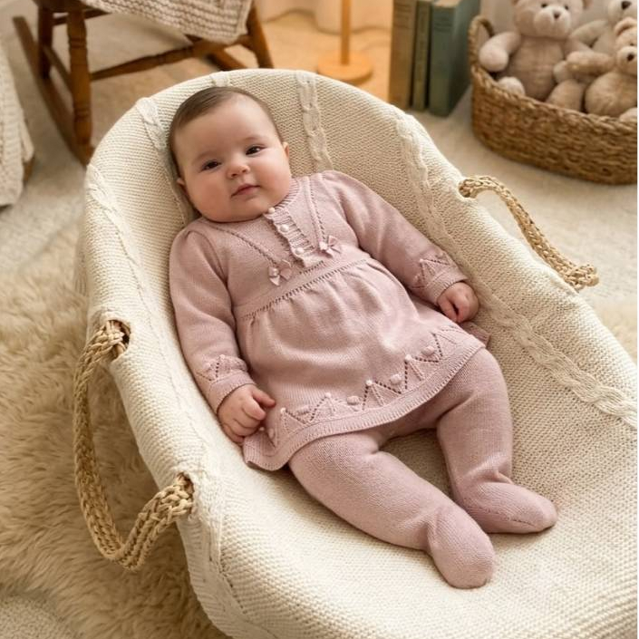 Vestido Calça Saída Maternidade RN Pérola Récem Nascido Tricô Bebê Menina
