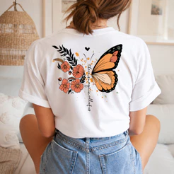 Camiseta Feminina Estampa Borboleta Estilosa T-Shirt 100% Algodão Promoção Camiseta Estampada Ombro a Ombro – Conforto