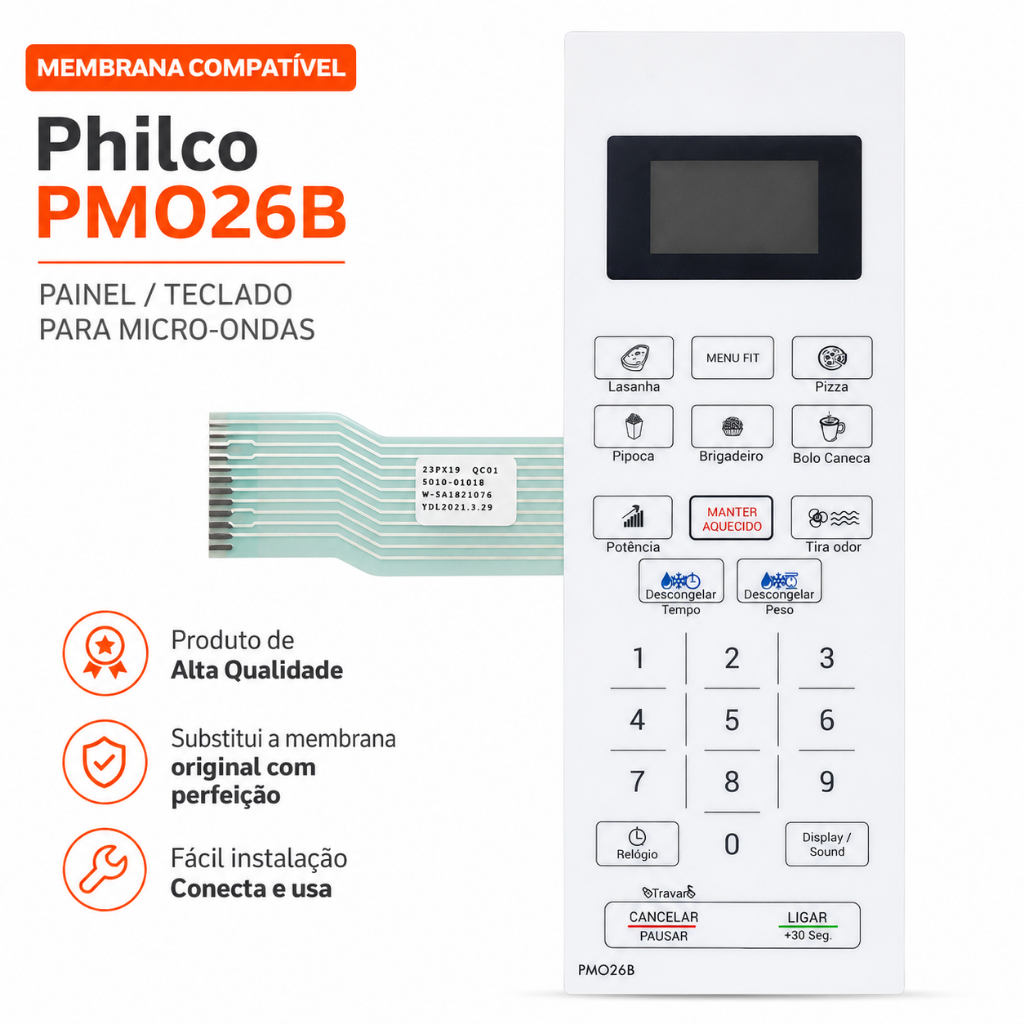 Membrana Teclado Micro-ondas Philco PMO26B Branca Painel Compatível