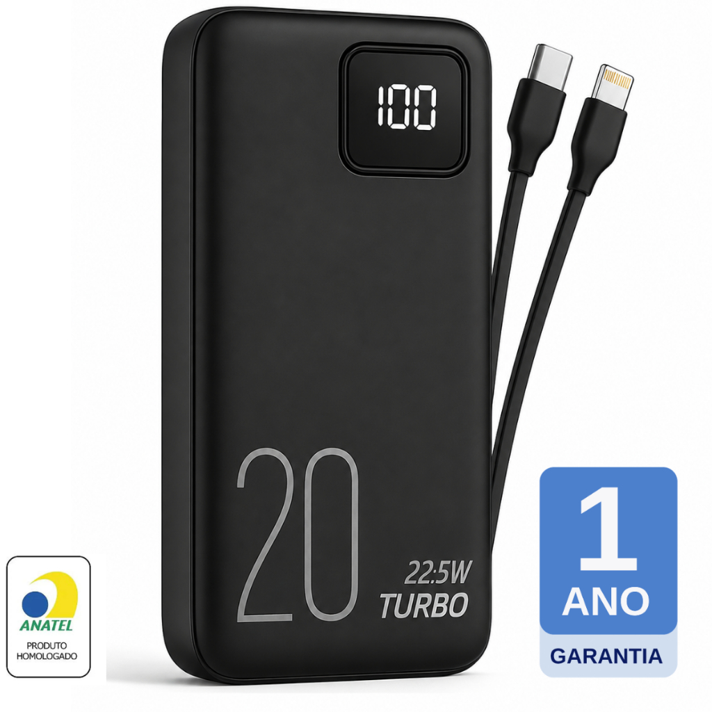 Carregador Portátil Power Bank Turbo 20000mah 22.5w Universal Compatível Com Todos iPhones e Android Com Display Digital
