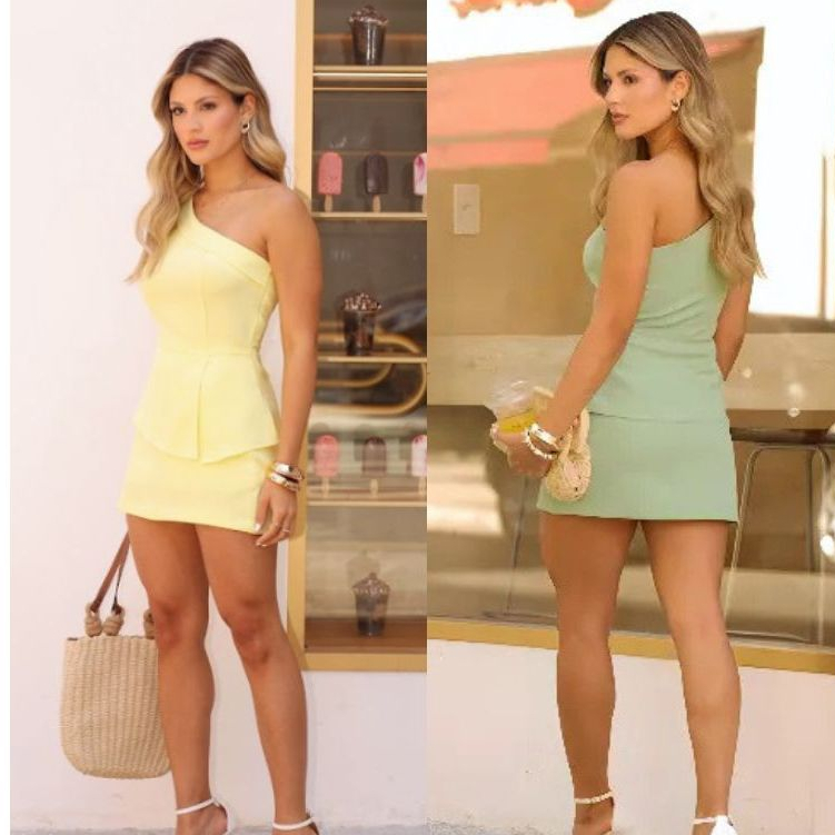 CONJUNTO ALFAIATARIA FEMININO UM OMBRO SO  ELEGANTE BLUSA ASIMETRICA + SHORT SAIA