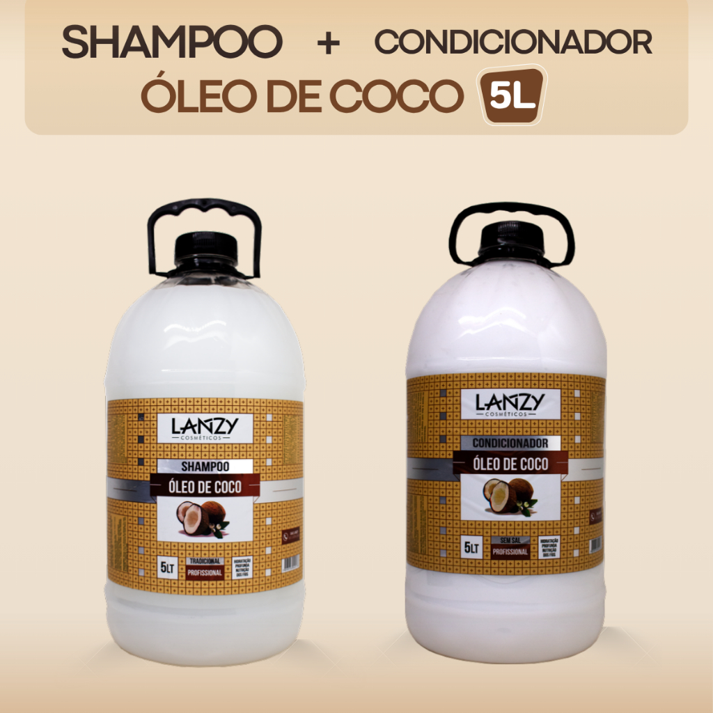 Kit Shampoo + Condicionador Óleo de Coco Lanzy 5L Profissional Hidratação Limpeza Profunda Cabelos Secos Salão Barbearia