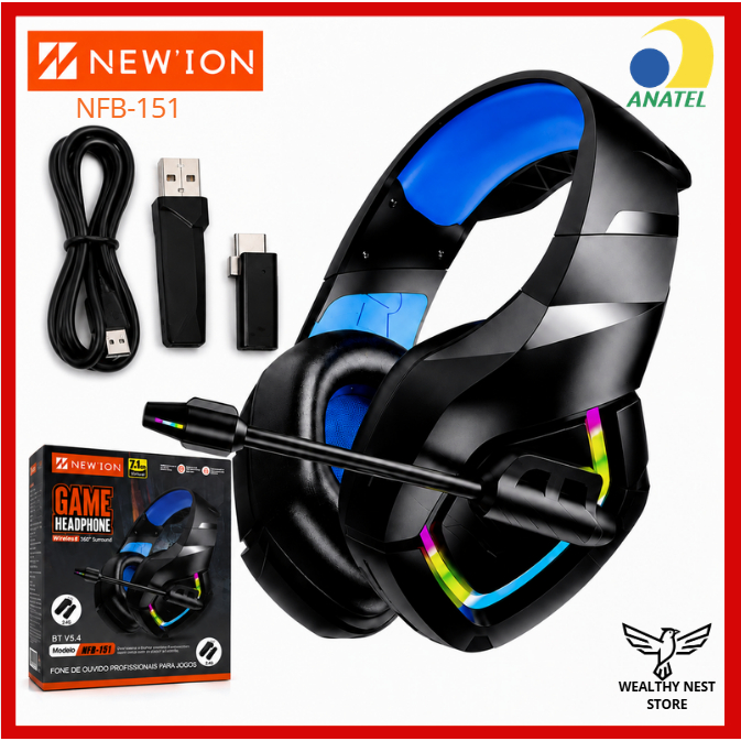 Fone De Ouvido Gamer Headphone Bluetooth Sem Fio Wireless Com Microfone 5.4 RGB Com Adaptador USB NFB-151