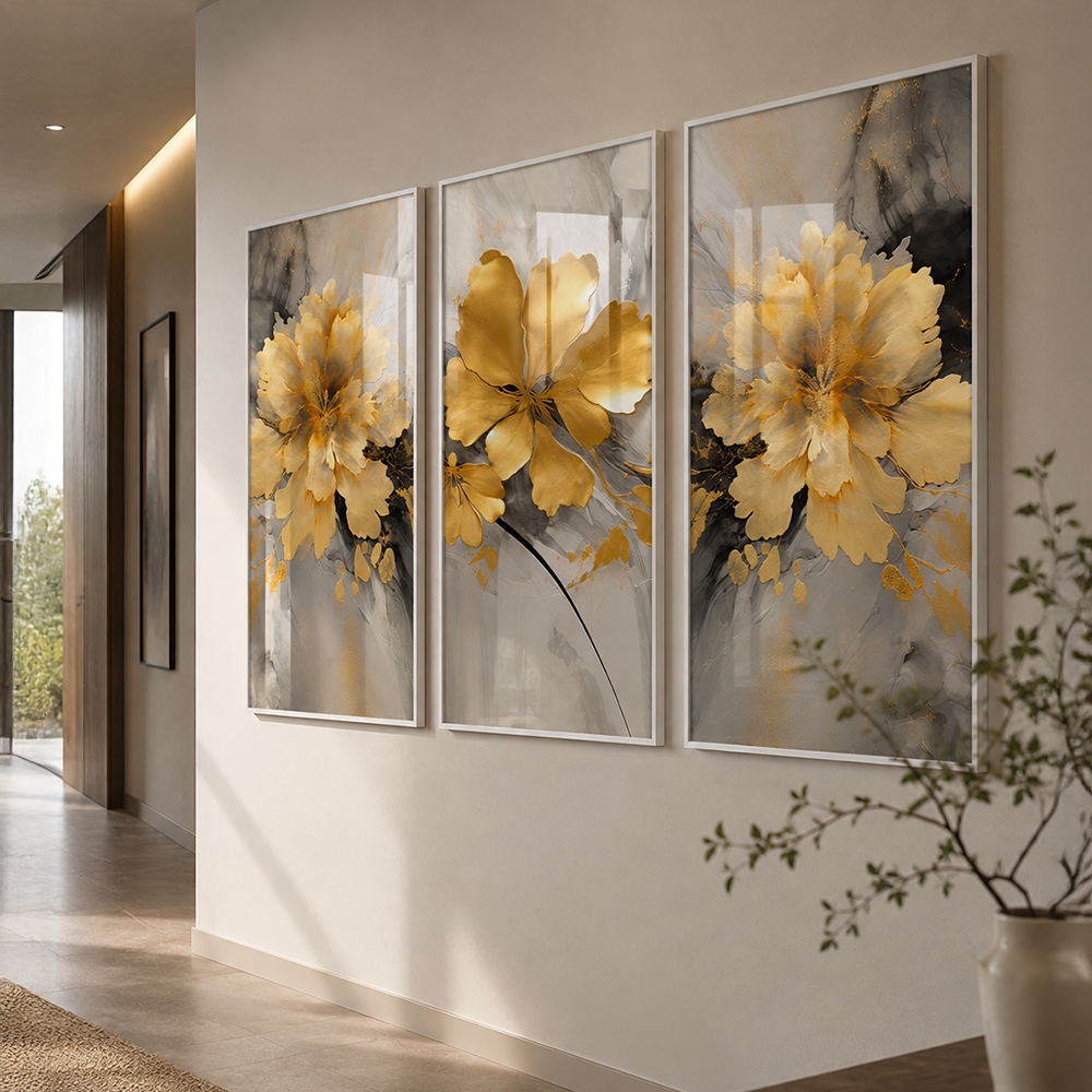 Quadro Decorativo Jardim de Outono 3 Telas Com Moldura Decorativo Sala Quarto