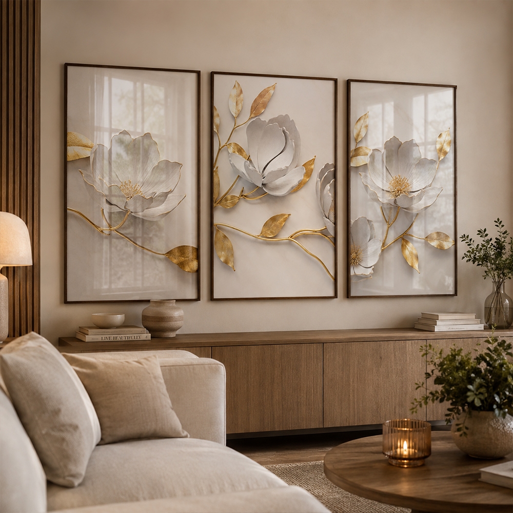Quadro Decorativo Trilogia Floral Dourada Moldura Sala Quarto Escritorio · foto 2