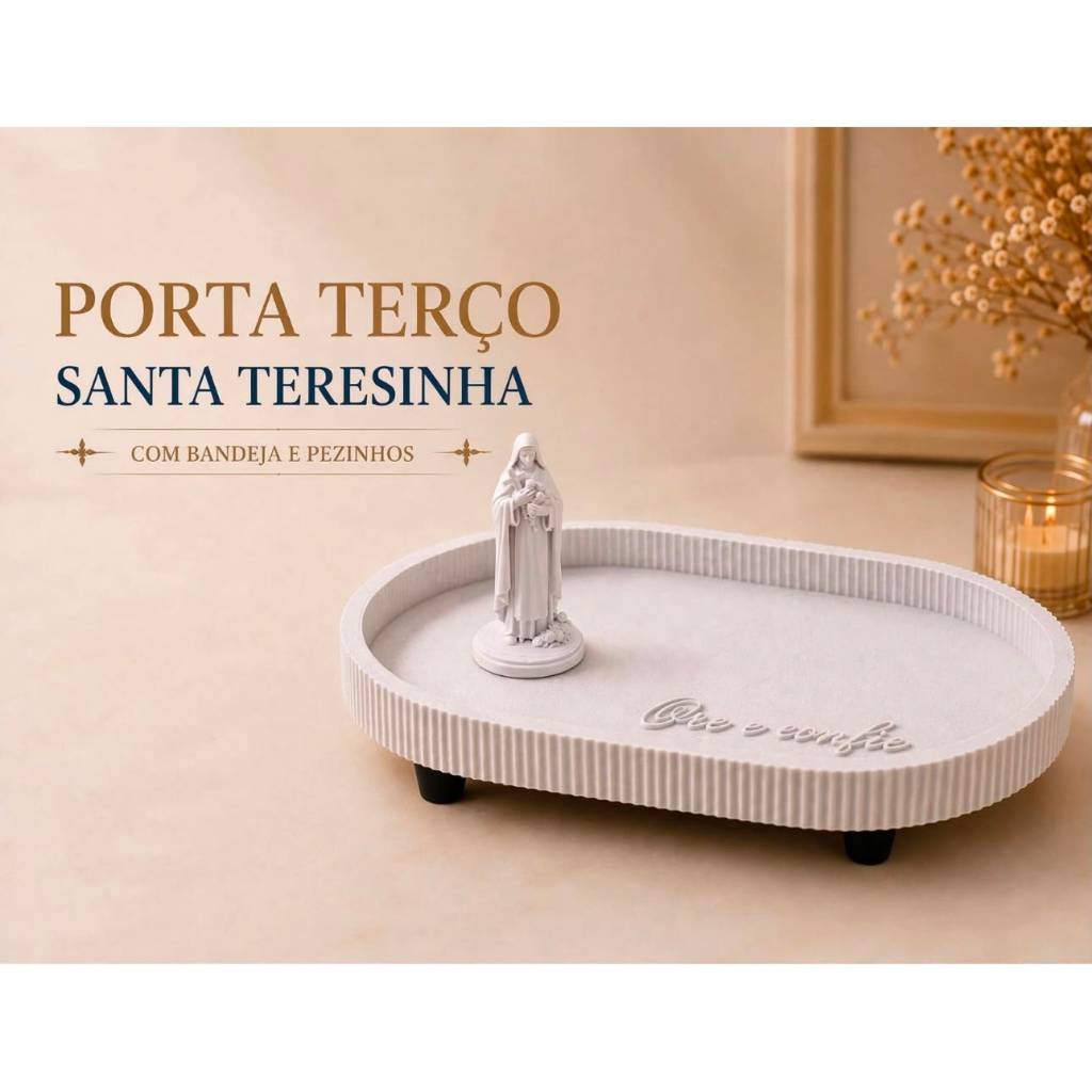 Kit Cantinho de Oração | Bandeja "Ore e Confie" + Santa Teresinha Porta Terço Decorativo Presente Religioso Católico