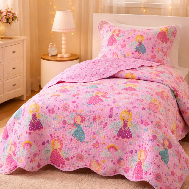 Kit Cobre Leito Infantil 02 Peças Estampado Dupla Face Quarto Decorativo Solteiro Colcha Travesseiro Conjunto