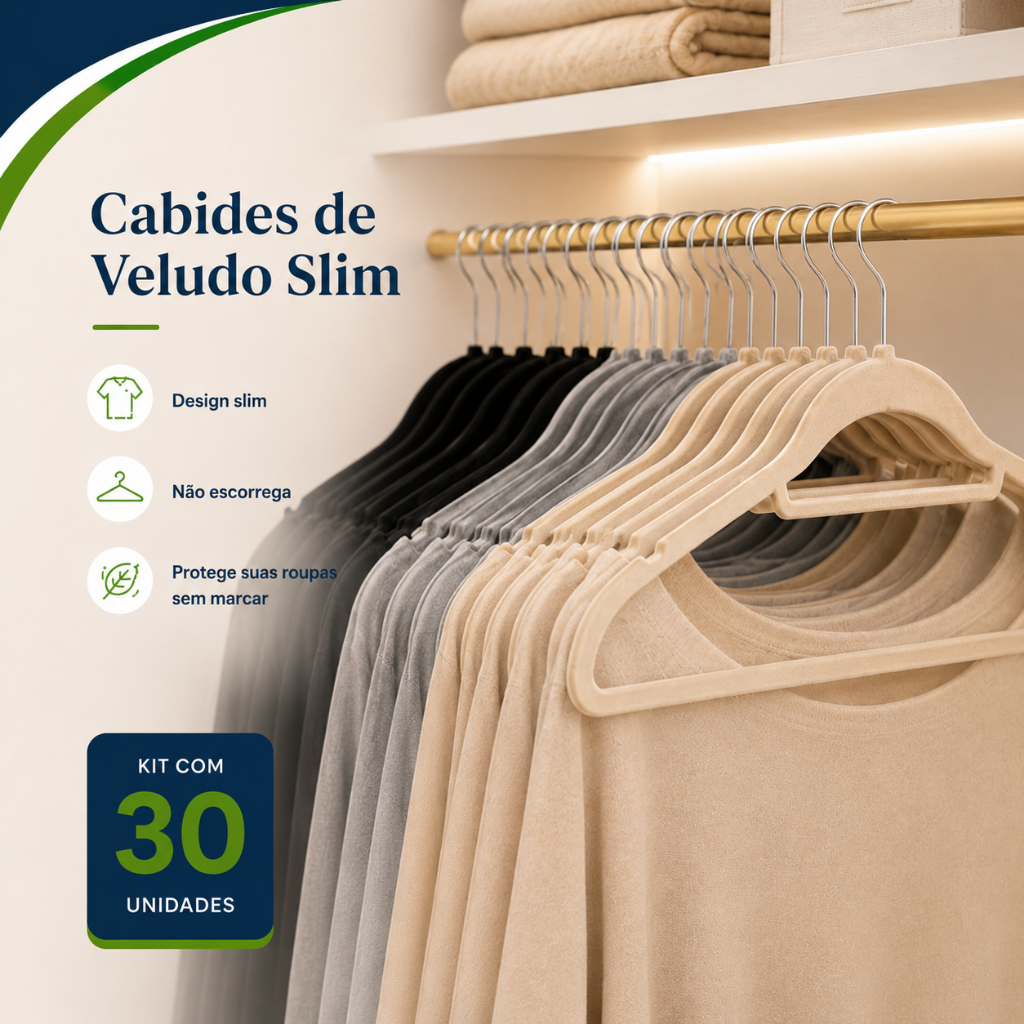 Vittak Kit 30 Cabides de Veludo Slim Adulto Antideslizante, Ultrafino, Resistente – Organizador Premium