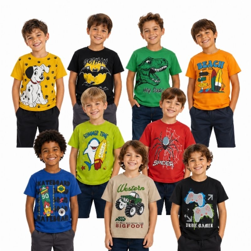 Camisa de manga curta infantil de menino malha  100% algodão - estampas variadas