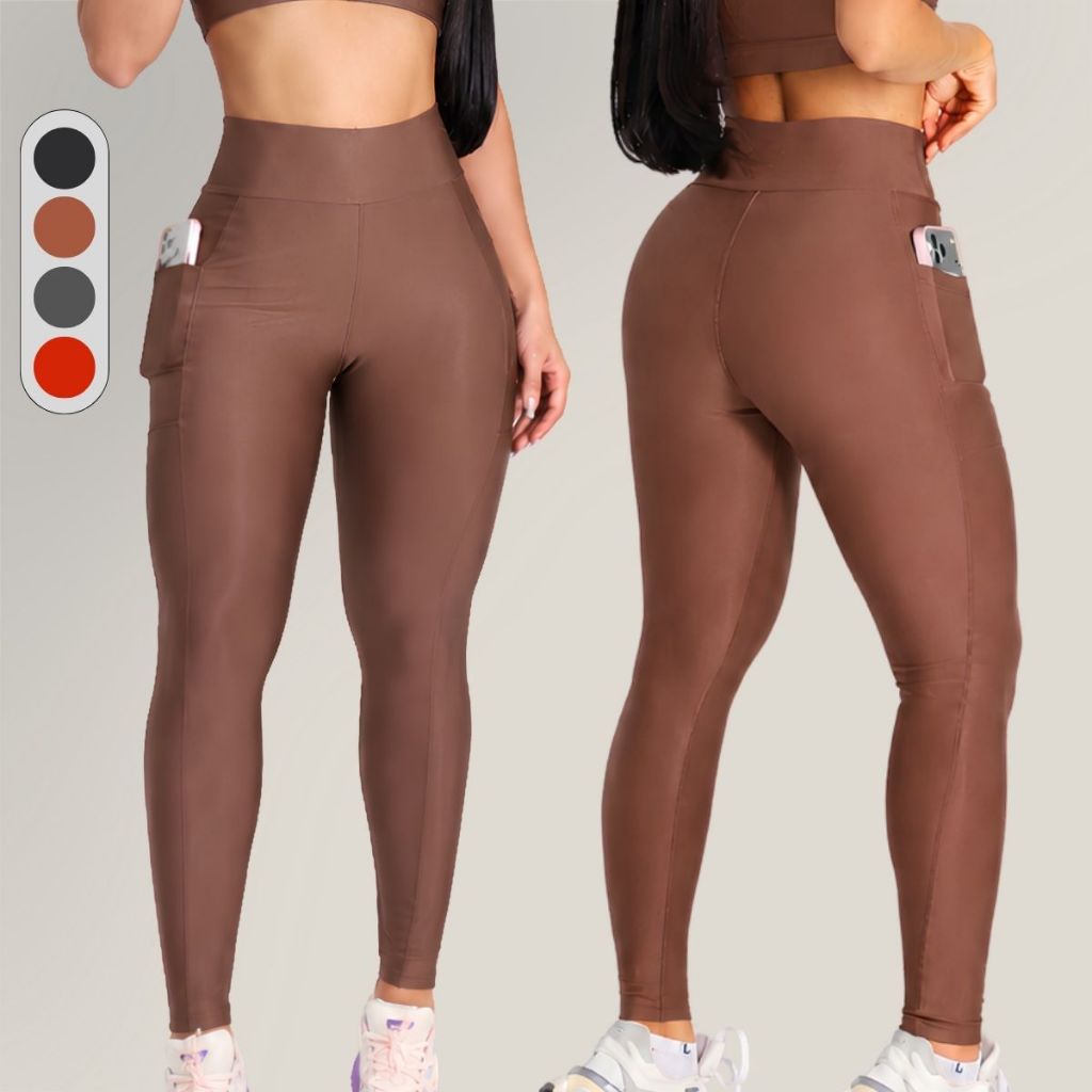 Calça Legging Fitness Feminina com Bolsos Cintura Alta Cós Duplo Zero Transparência