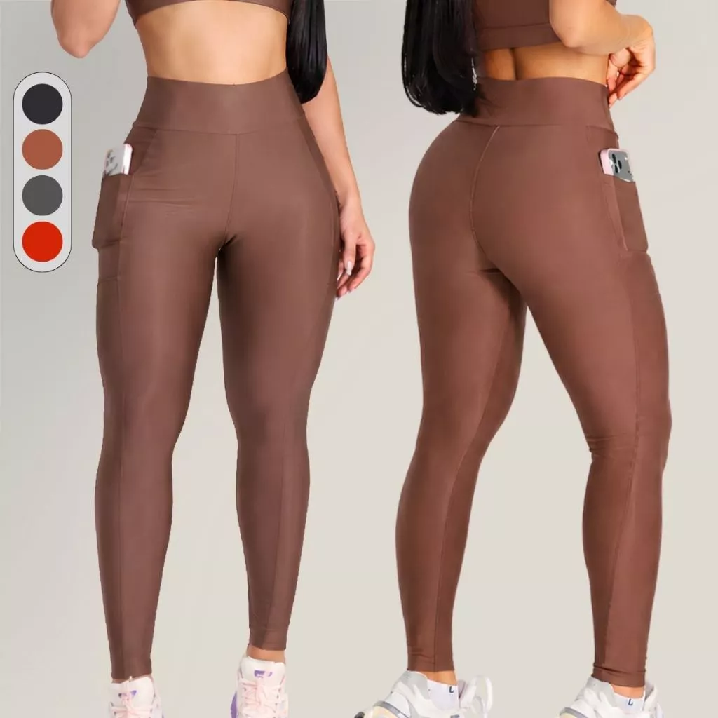 Calça Legging Fitness Feminina com Bolsos Cintura Alta Cós Duplo Zero Transparência