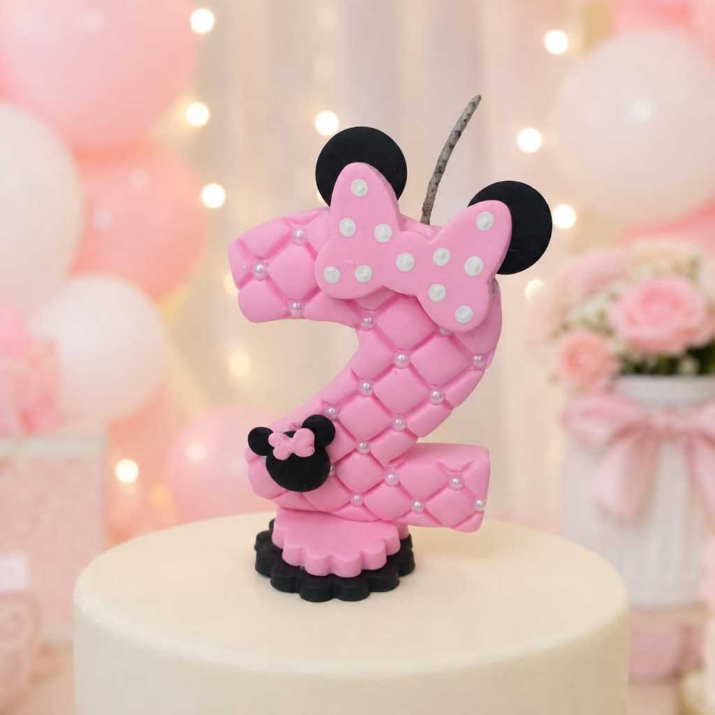 Vela Personagem Minnie Rosa 2 Anos Bolo Aniversário Laço Bolinha