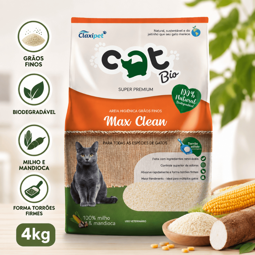 Areia Catbio Biodegradável 4kg Max Clean Grãos Finos Milho Mandioca Alta Absorção Controle de Odores