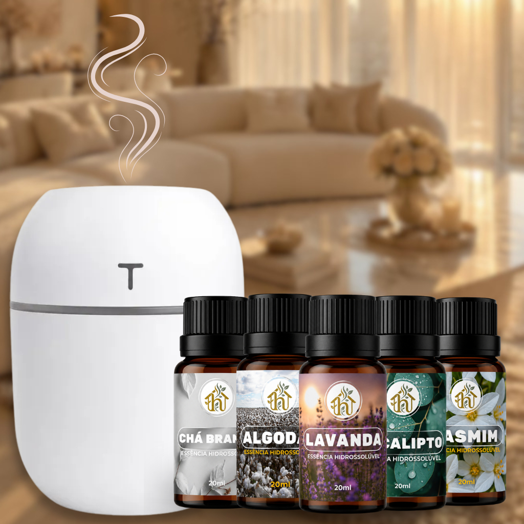 Umidificador de Ar + 5 Essências Premium | Difusor de Aromas e Vaporizador de Ambiente | Aromatizador Elétrico