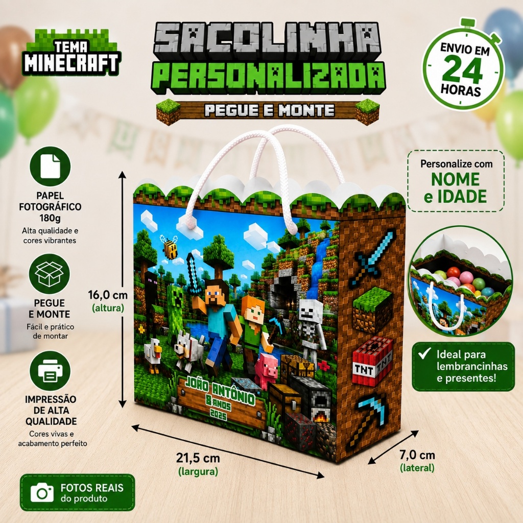 Kit Sacolinha Personalizada Grande - MINECRAFT | Lembrancinha Festa Infantil Aniversário