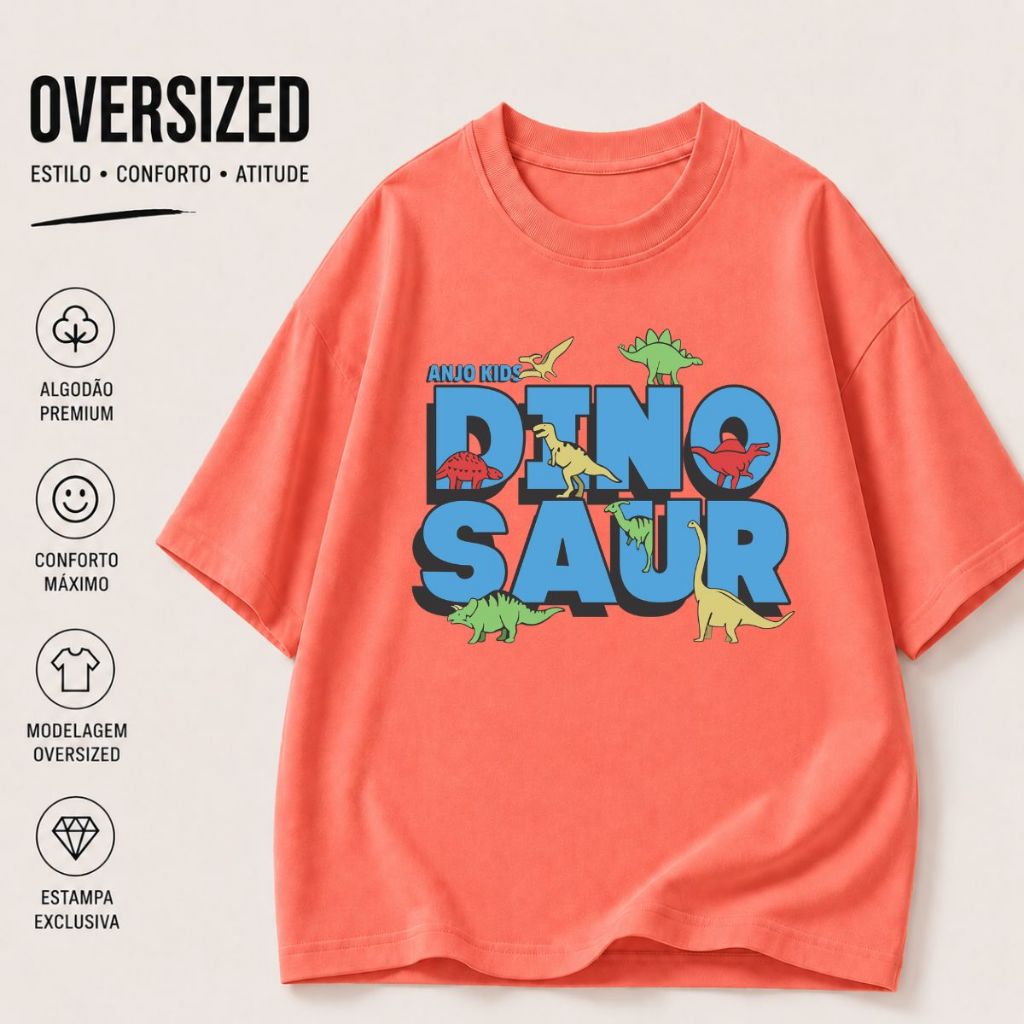 Camiseta Menino Oversized Manga Curta Verão Dinossauro T-Rex Dino
