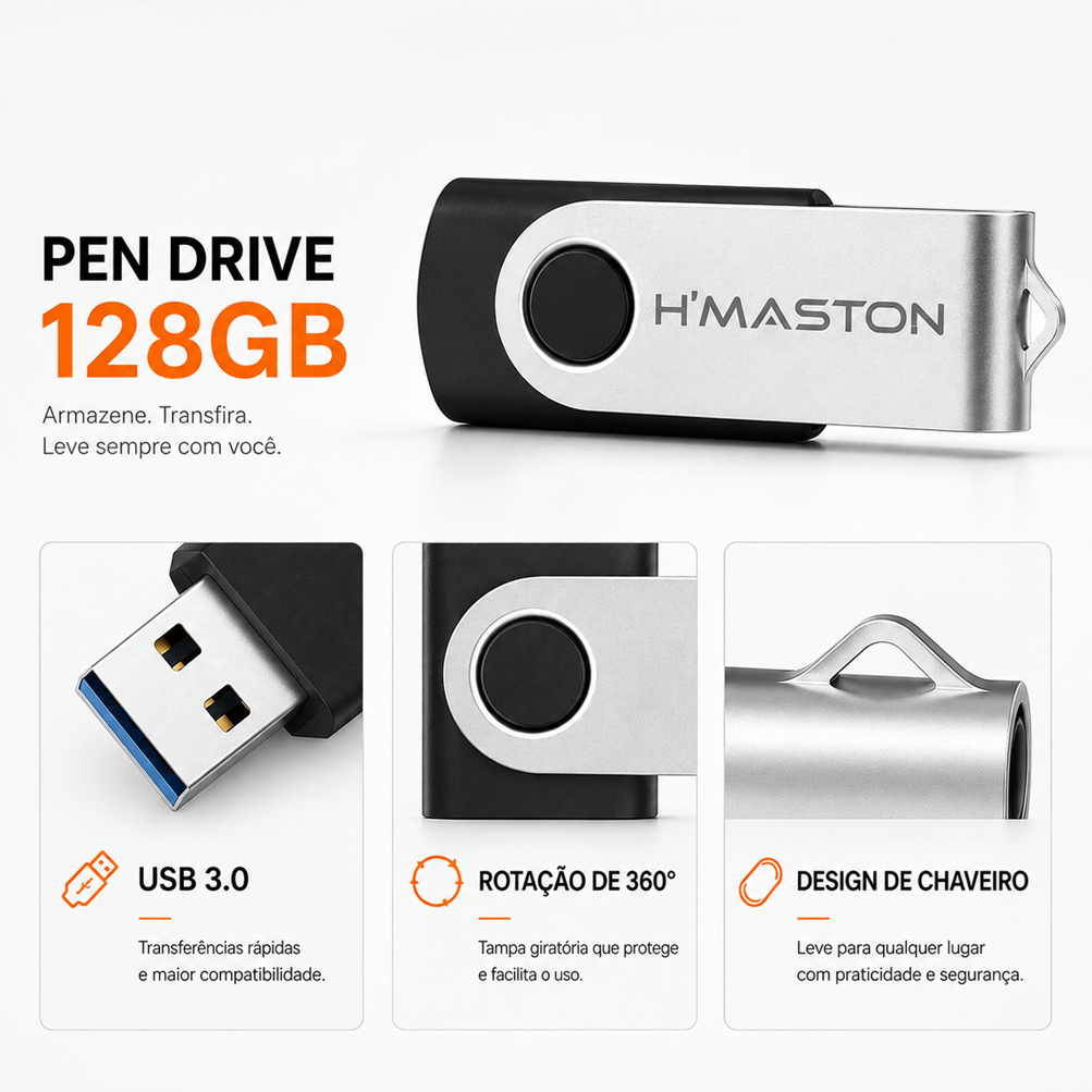 Pen Drive 16GB 32GB 64GB 128GB USB 3.0 Metal Alta Velocidade Flash Drive H'maston HM-U128 PC Notebook
