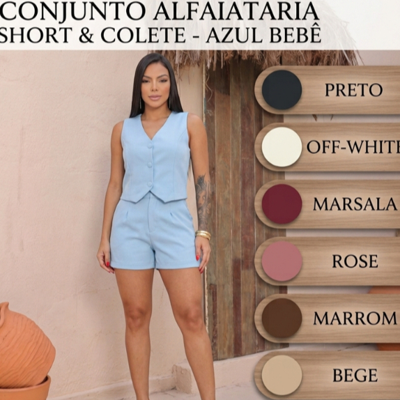 Conjunto Feminino Alfaiataria – Colete com Botões Forrados + Short Cintura Alta com Bolsos e Zíper | Moda Social Casual