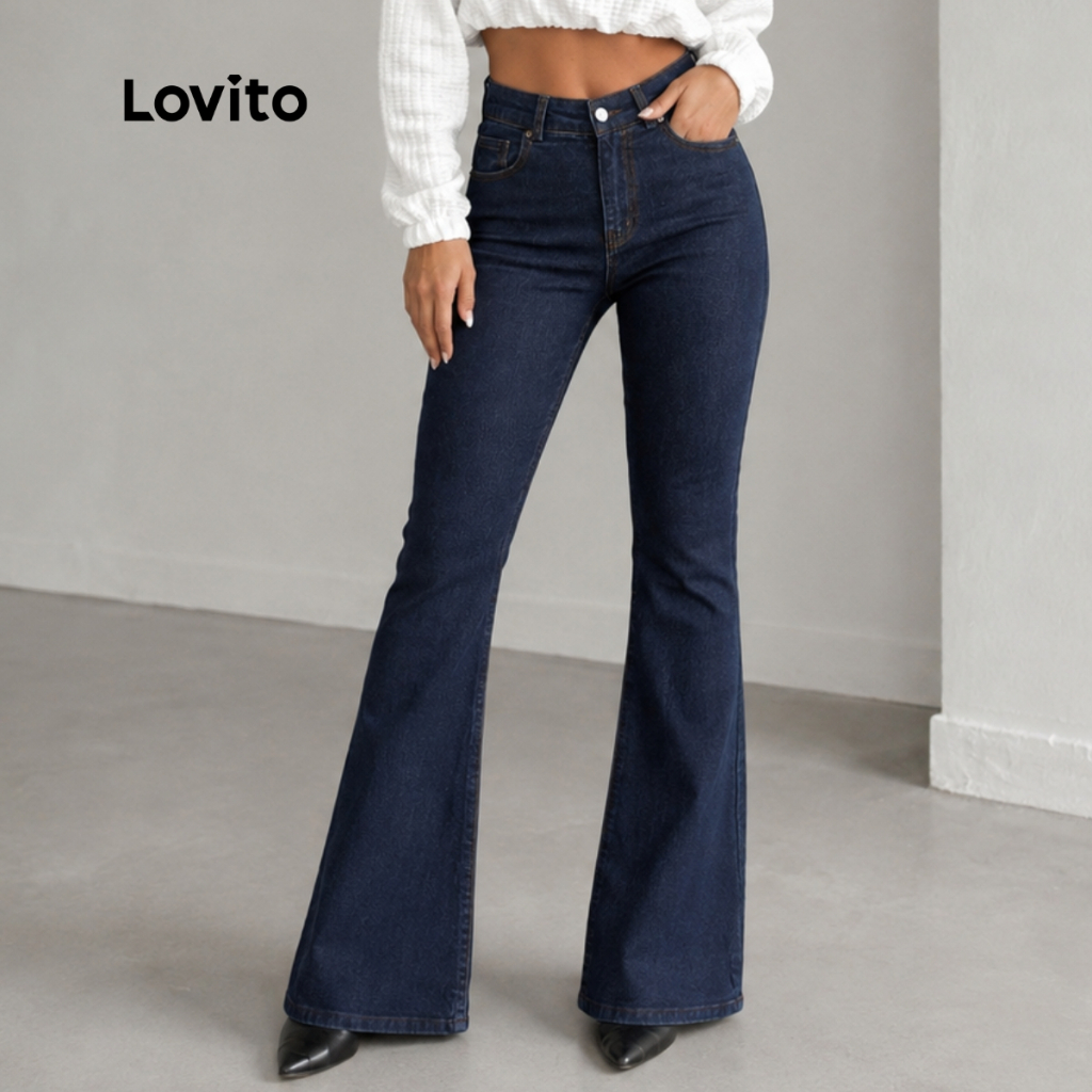 Lovito Calça Jeans Feminina Flare Básica de Cintura Alta PTB616BRL646
