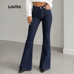 Lovito Calça Jeans Feminina Flare Básica de Cintura Alta PTB616BRL646
