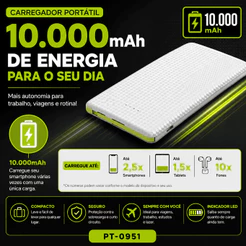 Power Bank 10000mAh Carregador Portátil com 2 USB Display LED Carga Rápida PT-0951