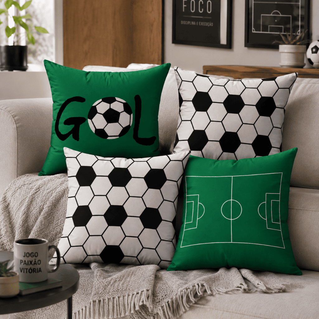 Kit 4 Capas de Almofadas Futebol Bola Campo Decorativas Para Quarto Menino Sofá Cama