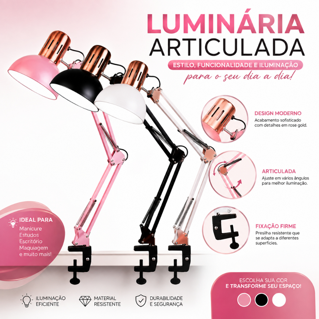 Luminária Articulada de Mesa com Presilha Rose Gold GG– 3 Cores