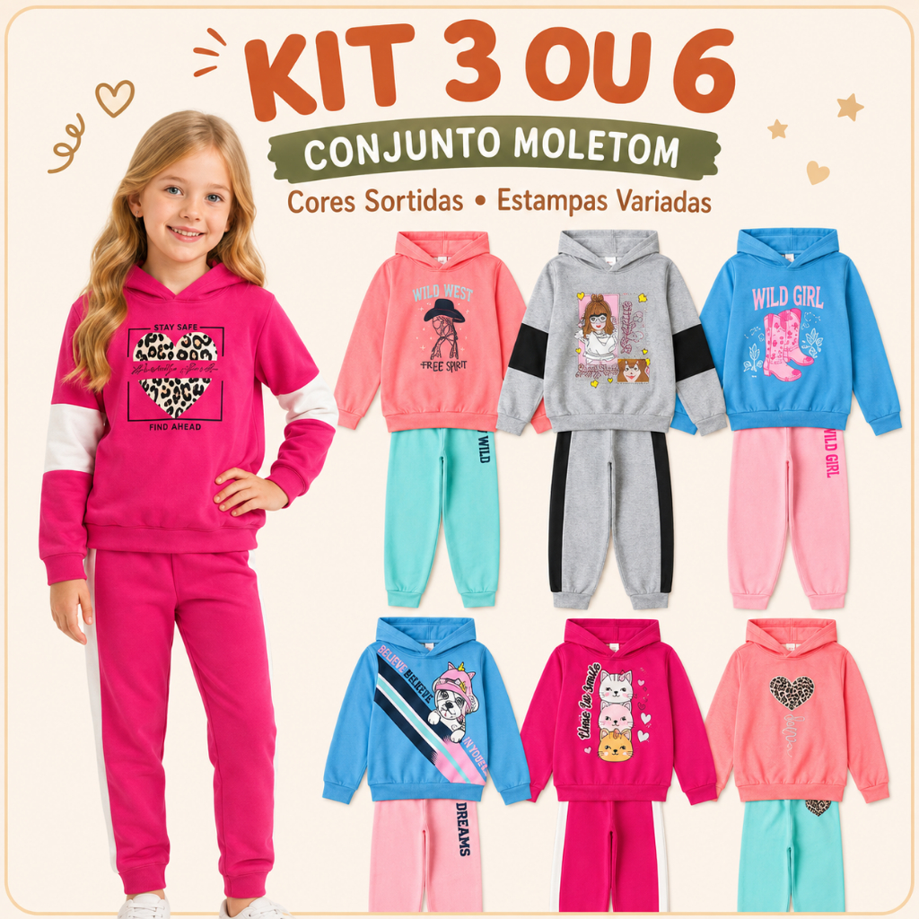 Kit 6 ou 12 Peças (3 ou 6 Conjuntos) Moletom Conjunto Recortes de Menina Inverno Roupa De Menina