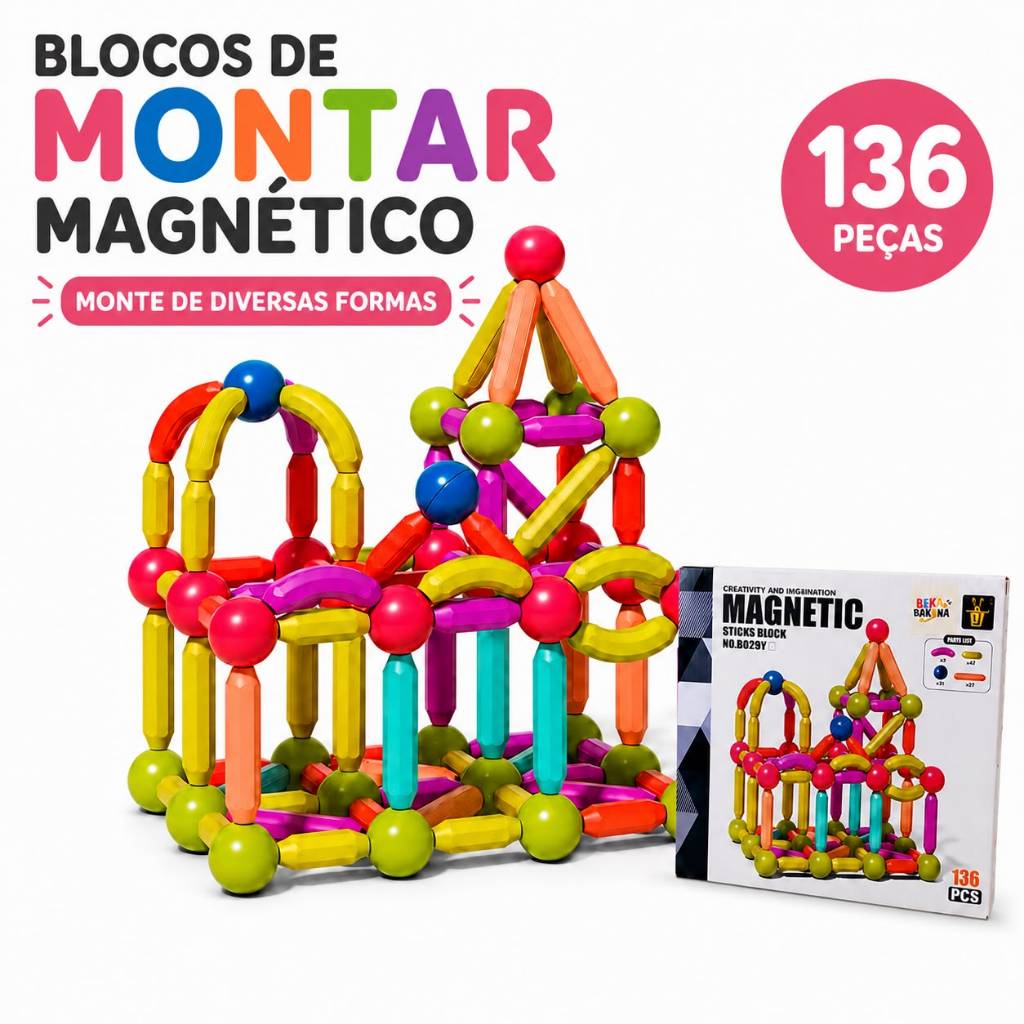 Kit Blocos Magnéticos 136 Peças Brinquedo Educativo Infantil Montar e Criar