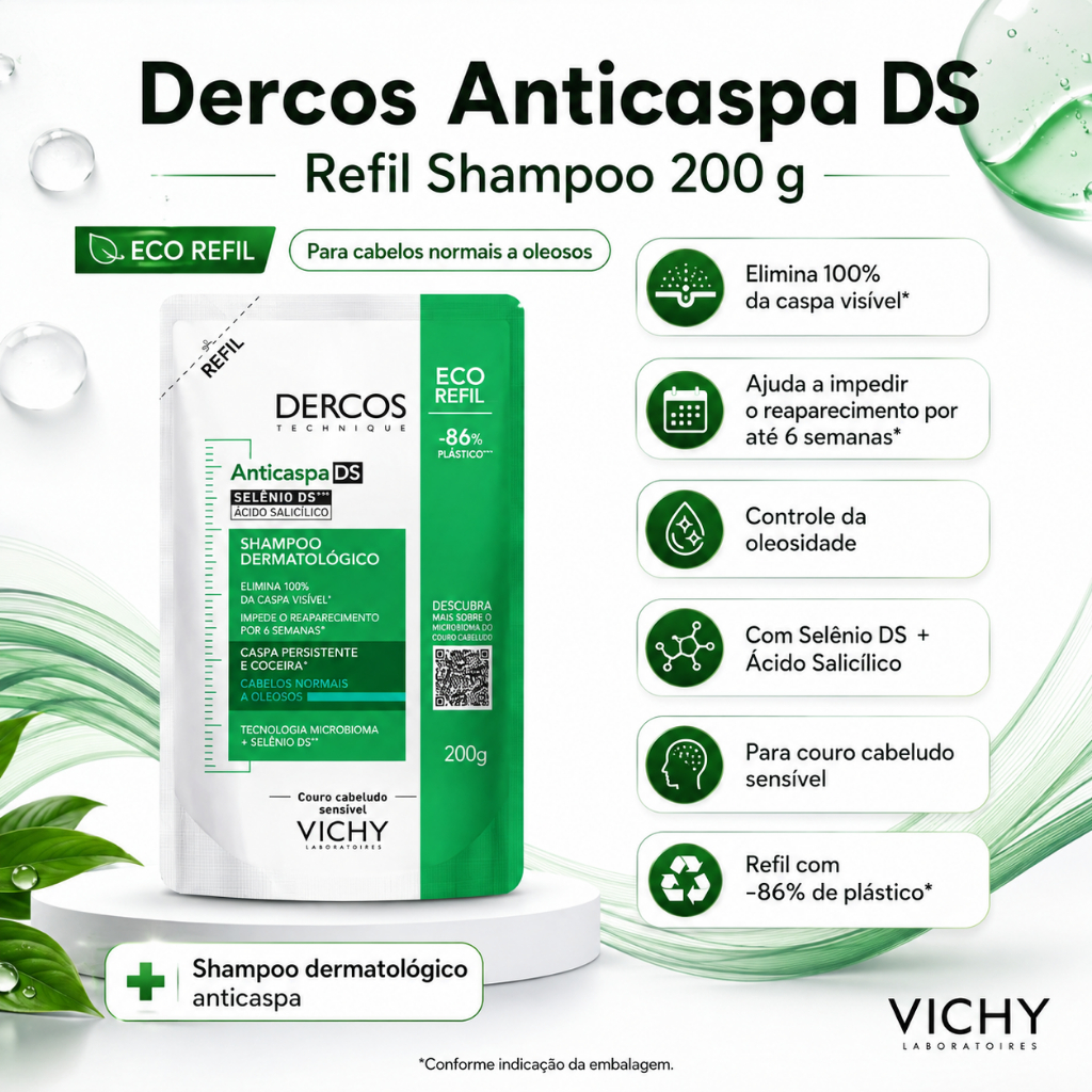 Refil Shampoo Vichy Dercos Anticaspa DS Cabelos Normais a Oleosos 200g Original