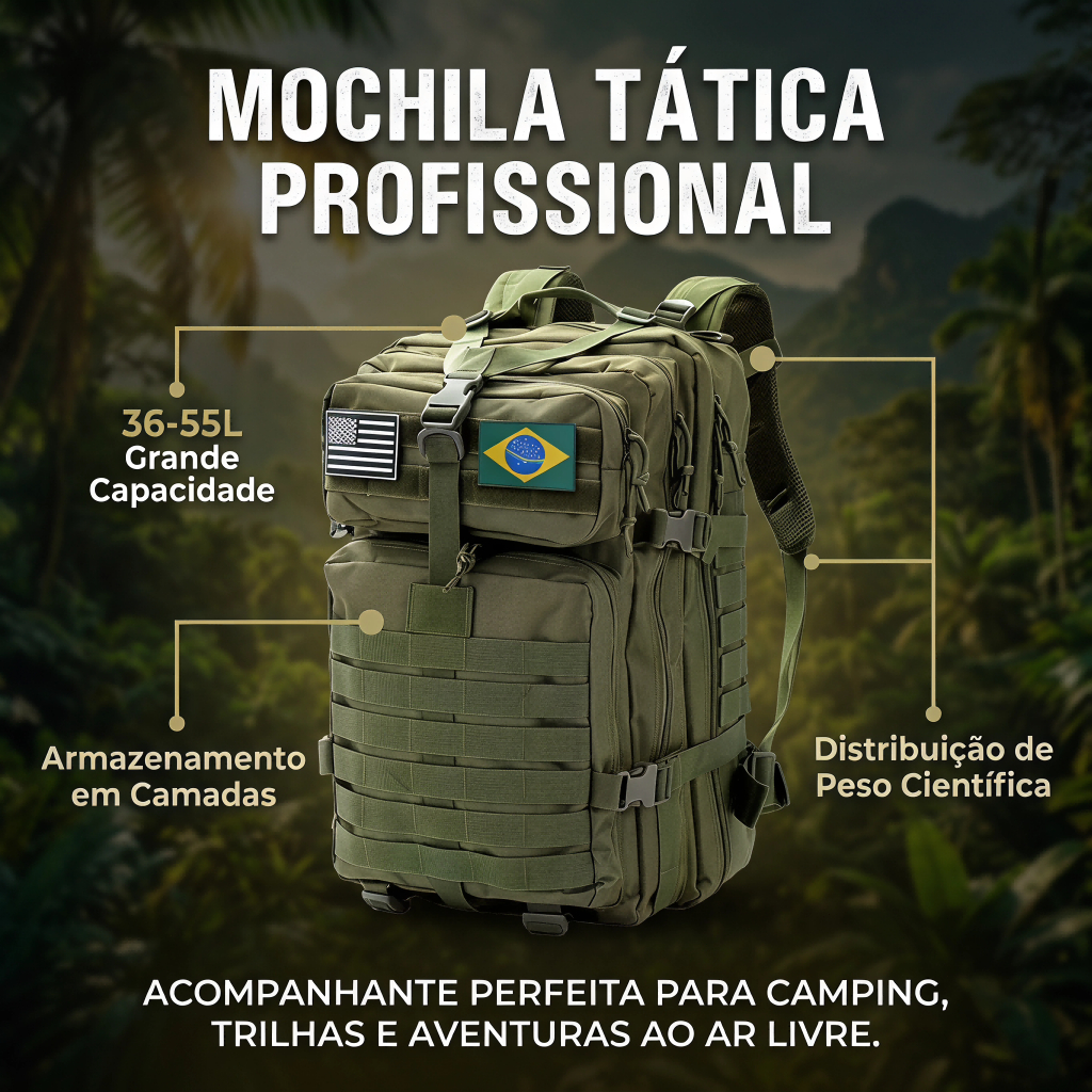 Mochila Tática Militar 50L com Patch Bandeira do Brasil Resistente Impermeável Sistema Camping Caminhada e Aventura