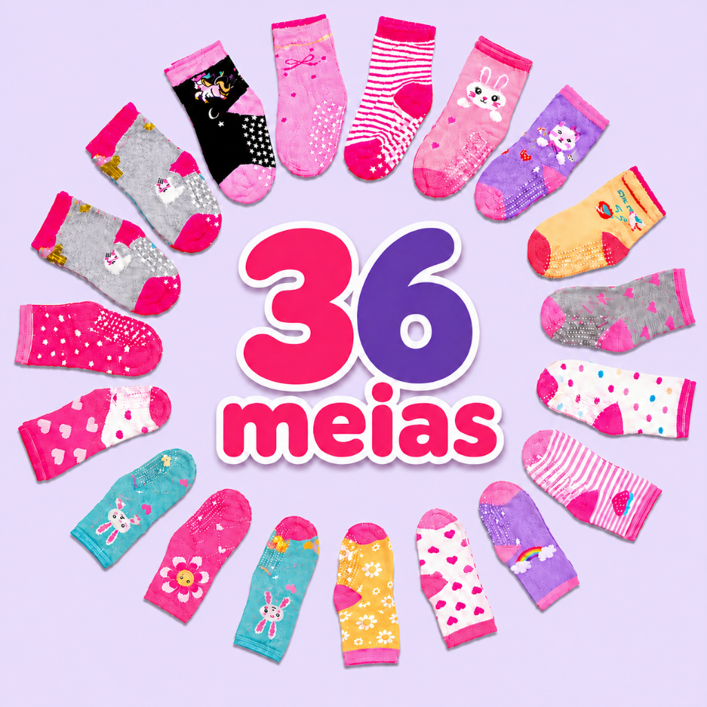 Kit Meias Feminina Meninas Bebê 18 a 3 Pares Antiderrapante Algodão Macias Estampas Coloridas