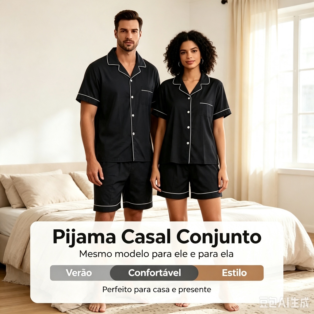 ConjuntoPijamaCasalVerãoPretocomBordaBranca,CamisetaManga Curta+Short,Modelo para Homem e Mulher,Pijama de CasaElegante