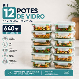 Kit 6 até 12 Potes de Vidro Organizador Hermético 640ml Tampa Trava Fitness Marmita Cozinha Multiuso