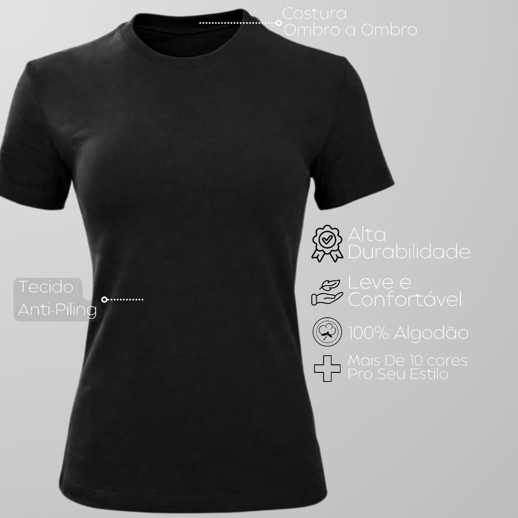 Camiseta Feminina Confortável Lisa 100% Algodão Básica Casual Dia a Dia