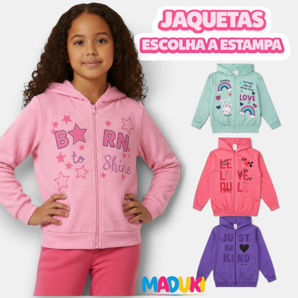 Jaqueta Infantil Juvenil Menina Inverno Premium com Ziper e Capuz 1 a 16