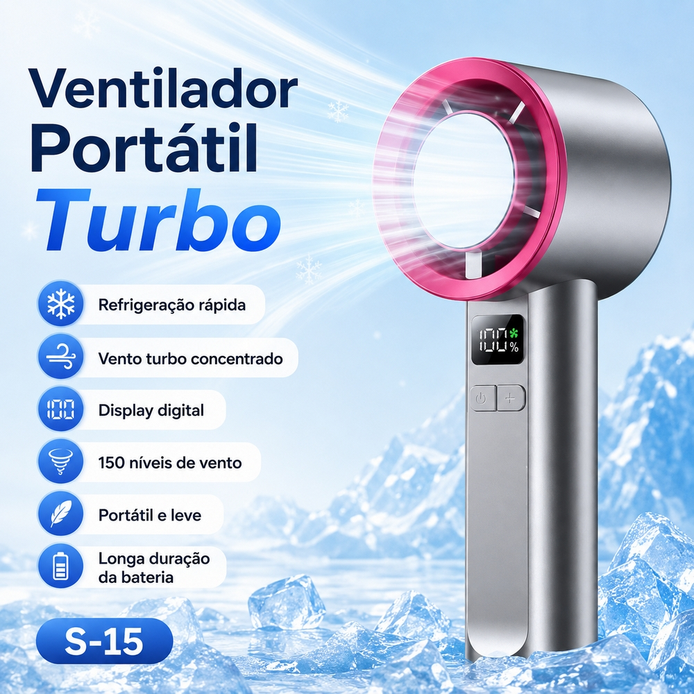 Ventilador Portátil Turbo S-15 com Display Digital 150 Níveis de Vento Refrigeração Rápida Leve e Potente