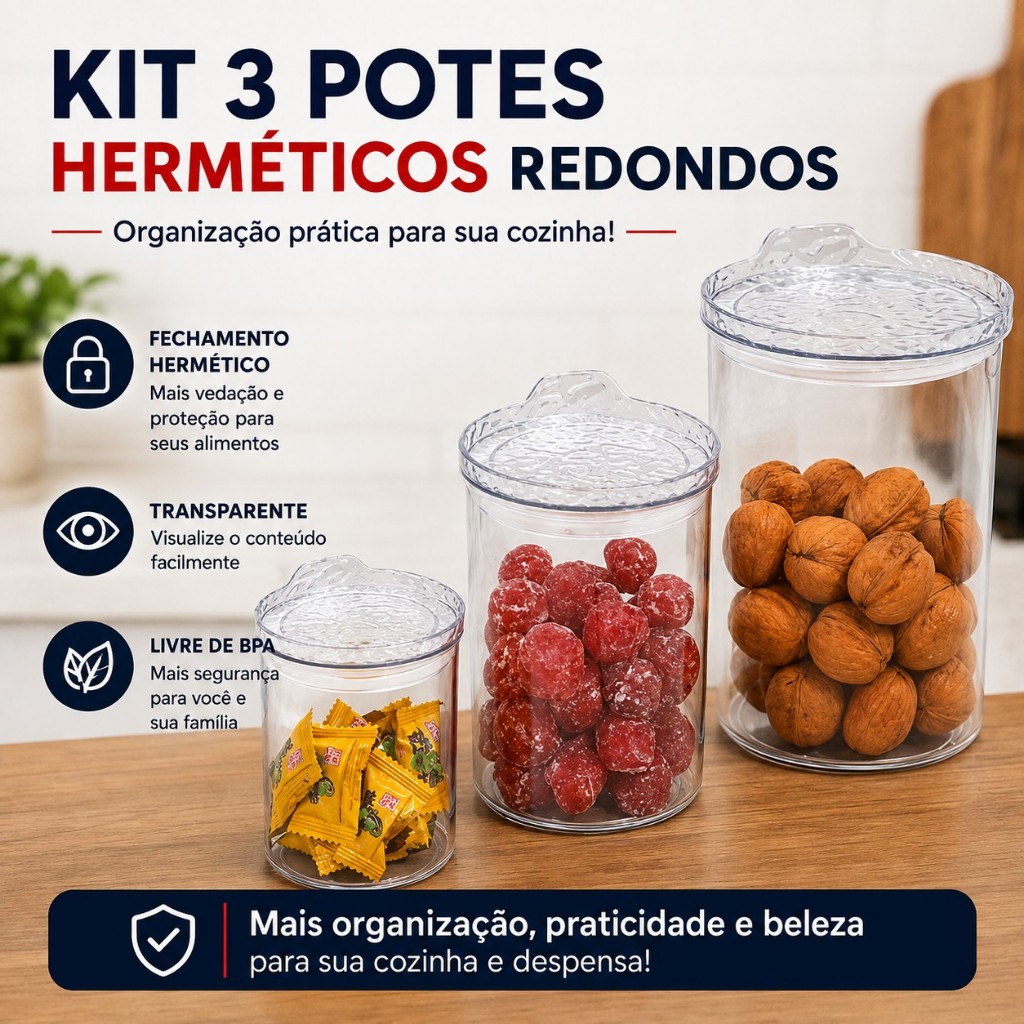 Kit 3 Potes Herméticos Redondos com Tampa 400ml 800ml 1800ml Transparente para Mantimentos Cozinha