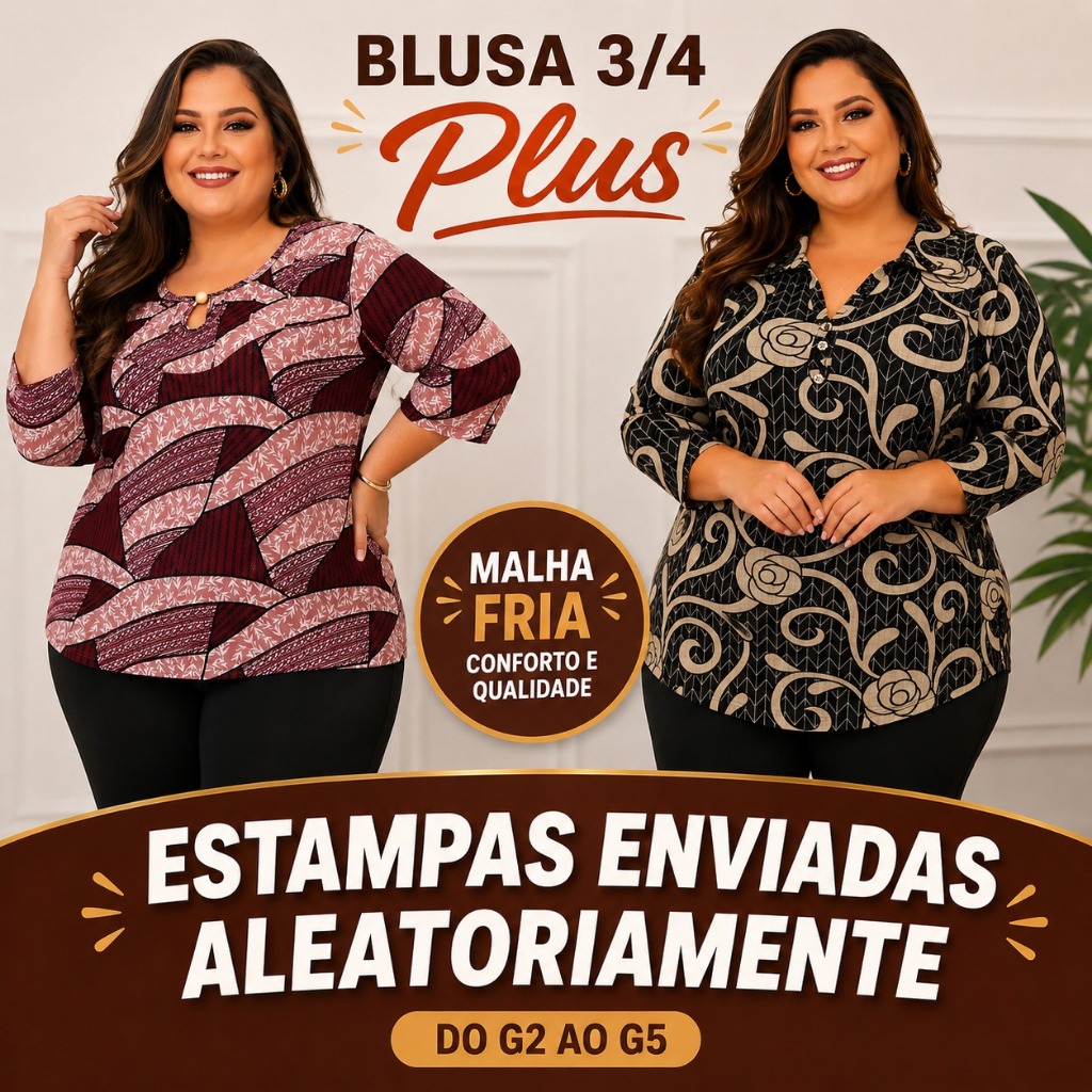 Kit 3 Blusa Manga 3/4 Feminina 2em1 Liganete Estampas Variadas Meia Estação Outono/Inverno