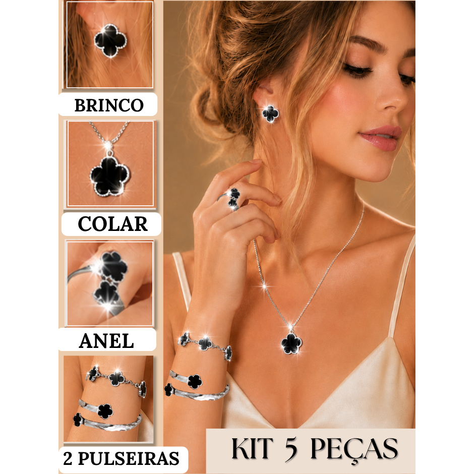 Conjunto de joias elegante antialérgica inoxidável kit5 colar brinco pulseira bracelete anel peças feminino elegantes jo