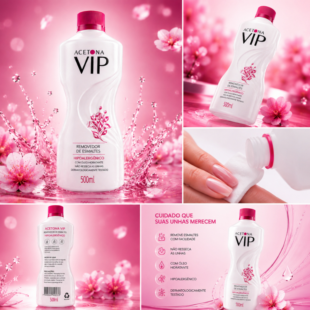 Kit Com 12 Removedor de Esmalte Vip 500ml - Hipoalergênico Acetona