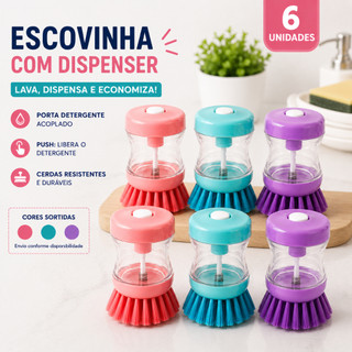 Kit 1 a 6 Escovinha Lava Louça 2 em 1 Escova Dispenser Detergente Limpeza Cozinha Pia  Sabão Esponja