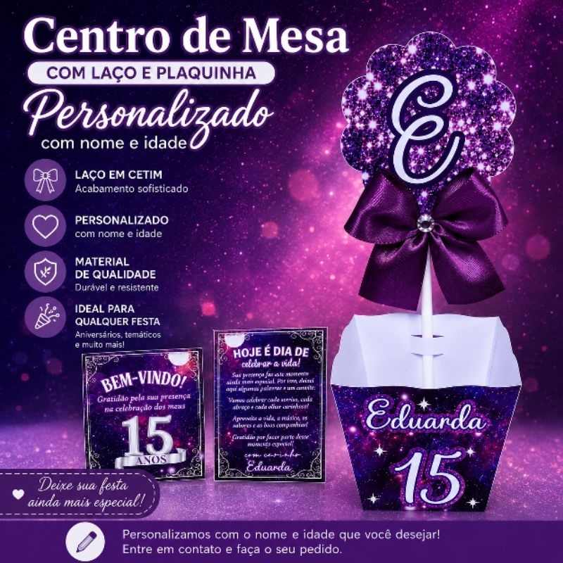 Kit 10 Centro de Mesa+10 Plaquinha, AZUL 15 anos (FAZEMOS TODAS CORES E IDADES)Lembrancinha Aniversário.PEQUE MONTE