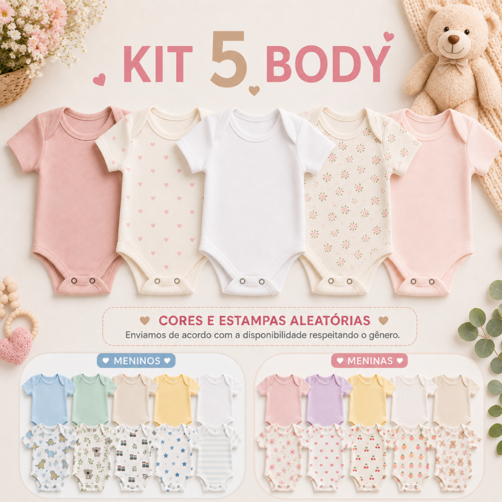 Kit 5 Peças Roupinha de Bebê Body Manga Curta Estampado Menino Ou Menina Conjunto Infantil