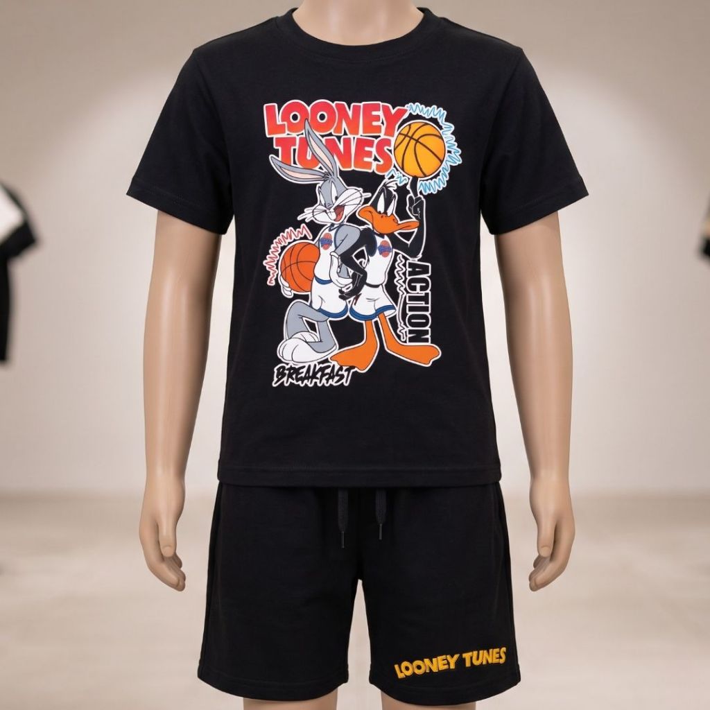 Conjunto Infantil Juvenil Looney Tunes Pernalonga e Patolino Camiseta Algodão e Bermuda Moletom